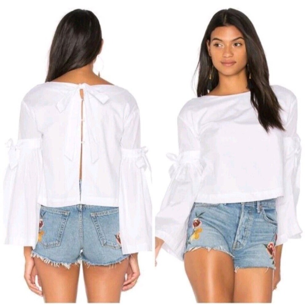 Free People Top Small So Obviously‎ Yours Blouse White Bell Sleeves Cropped Bows